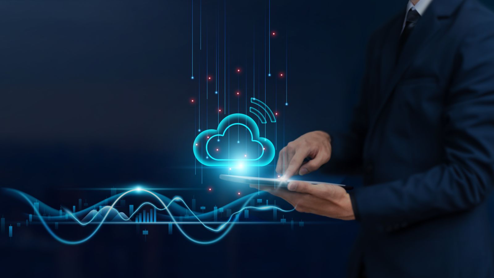 Digitale Illustration: Person in Anzug nutzt ein Tablet, aus dem eine leuchtende Cloud-Grafik mit digitalen Linien aufsteigt.