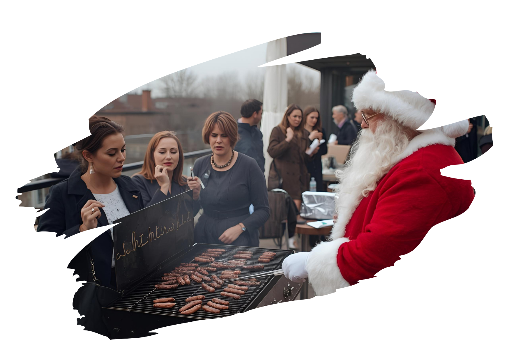 Weihnachtsmann grillt Würstchen bei einem Firmenevent, Gäste stehen zusammen, unterhalten sich und warten auf Essen.