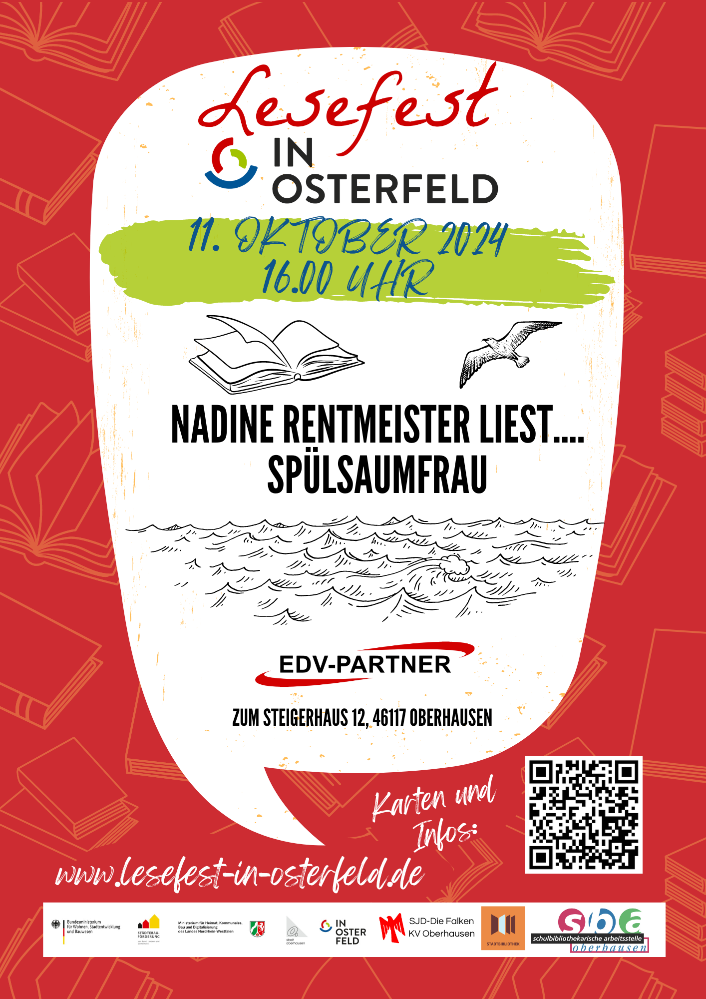 Bunter Werbebanner mit dem Schriftzug ‚Lesefest in Osterfeld – 11. Oktober 2024 – 16:00 Uhr‘. Darunter steht ‚Nadine Rentmeister liest Spülsaumfrau‘. Eine Zeichnung eines Ozeans ist zu sehen, gefolgt vom Logo der EDV-PARTNER GmbH und der Adresse ‚Zum Steigerhaus 12, 46117 Oberhausen‘. Weiterhin ist ein Verweis auf www.lesefest-in-osterfeld.de zu finden sowie eine Reihe von Logos der Unterstützer des Lesefests.