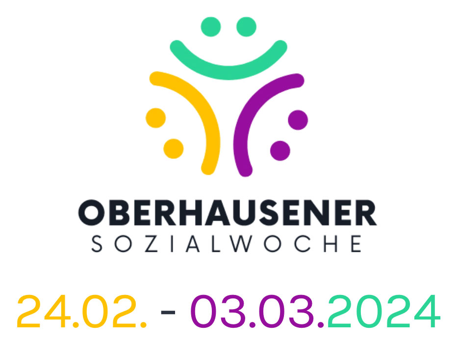 Zu sehen ist eine digitale Illustration vom Logo der Oberhausener Sozialwoche mit Schriftzug "24.02. - 03.03.2024" das 24.02. ist in gelb, das 03.03. in Lila und das 2024 in türkis.