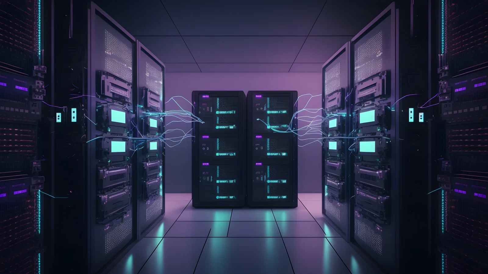 Digitale Illustration: Ein Server sendet Blitze zu anderen Servern in einem Serverraum