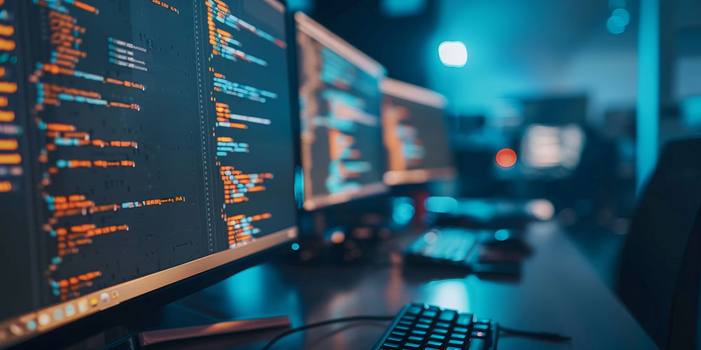 Mehrere Bildschirme zeigen geöffnete Entwicklungsumgebungen, auf denen Programmcode geschrieben wird.