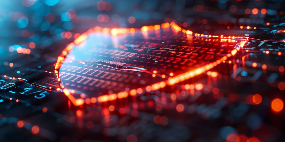 Illustration eines Schaltkreises, auf dem ein Schild aus leuchtenden orangenen Lichtern zu sehen ist. Auch die Datenströme werden durch orangene Lichtlinien dargestellt.