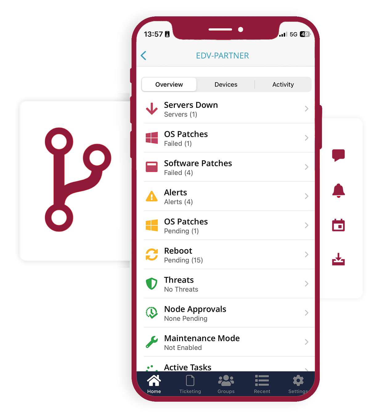 Smartphone zeigt IT-Statusübersicht mit Warnungen und Systemmeldungen.