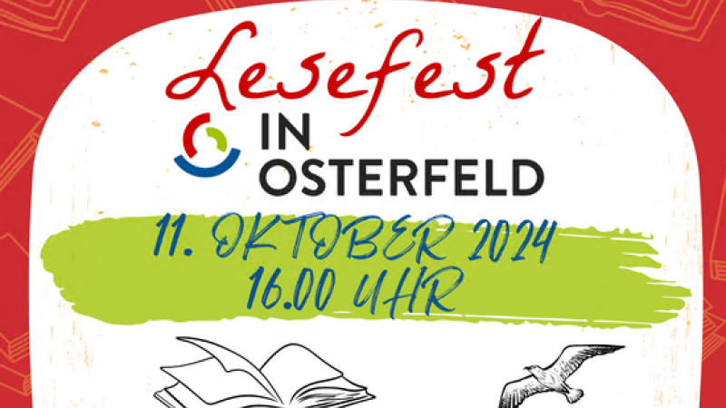 Bunter Werbebanner mit dem Schriftzug ‚Lesefest in Osterfeld – 11. Oktober 2024 – 16:00 Uhr‘. Darunter sind ein gezeichnetes Buch und eine Möwe zu sehen.